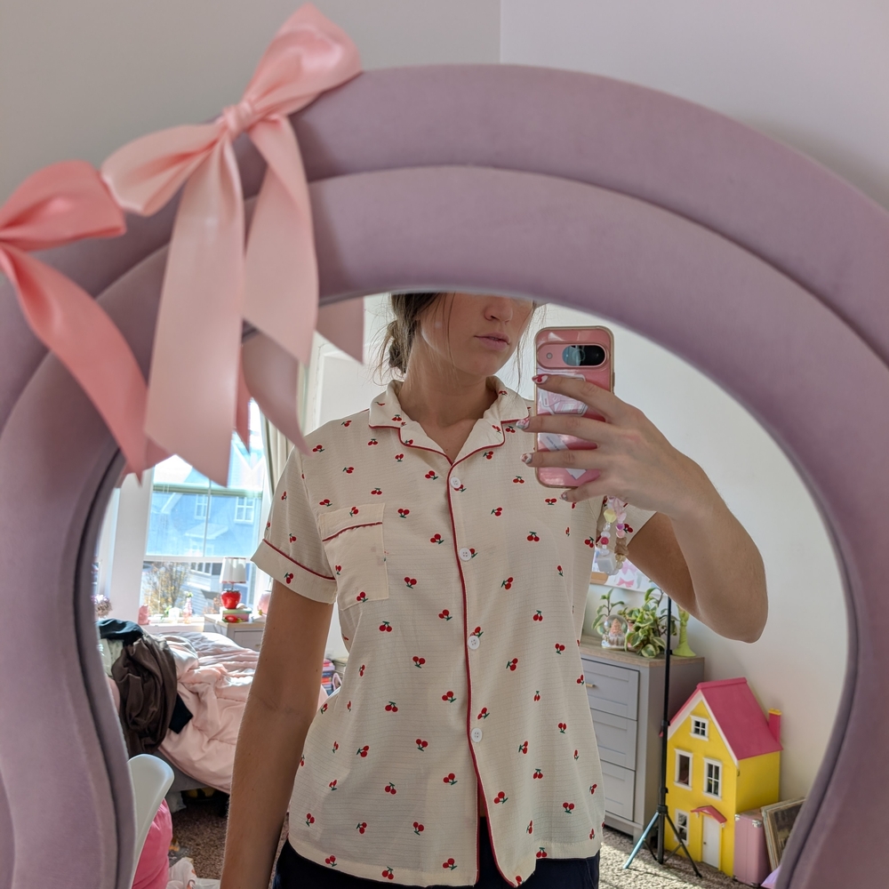 Collared Cherry Print Button-Up Top Size Large - image 1